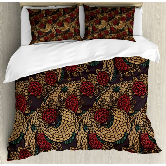 Asian Duvet Cover Set Queen Size, Traditional Ancient Design Roses and Dragon Eastern Chinese Pattern, Decorative 3 Piece Bedding Set with 2 Pillow Shams, Red Sand Brown Jade Green, by Ambesonne