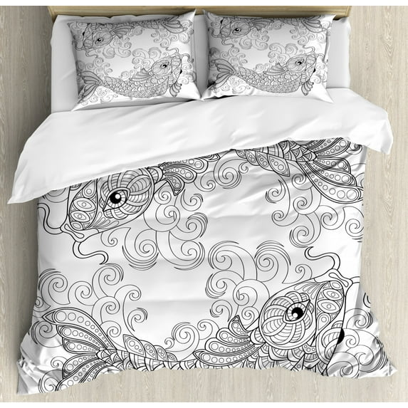 Asian Duvet Cover Set Queen Size, Traditional Koi Fish Pattern with Ethnic Ornaments Eastern Culture Image Print, Decorative 3 Piece Bedding Set with 2 Pillow Shams, Grey and White, by Ambesonne