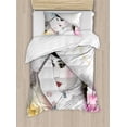 thumbnail image 1 of Asian Duvet Cover Set Twin Size, Eastern Woman Girl with Oriental Umbrella Drawing with Watercolor and Brushstrokes, Decorative 2 Piece Bedding Set with 1 Pillow Sham, Multicolor, by Ambesonne, 1 of 3