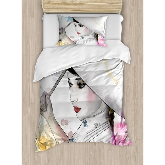 Asian Duvet Cover Set Twin Size, Eastern Woman Girl with Oriental Umbrella Drawing with Watercolor and Brushstrokes, Decorative 2 Piece Bedding Set with 1 Pillow Sham, Multicolor, by Ambesonne