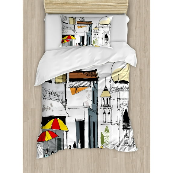 Asian Duvet Cover Set Twin Size, Hand Drawn Illustration of Old Singapore Traditional Building People Umbrellas Travel, Decorative 2 Piece Bedding Set with 1 Pillow Sham, Multicolor, by Ambesonne