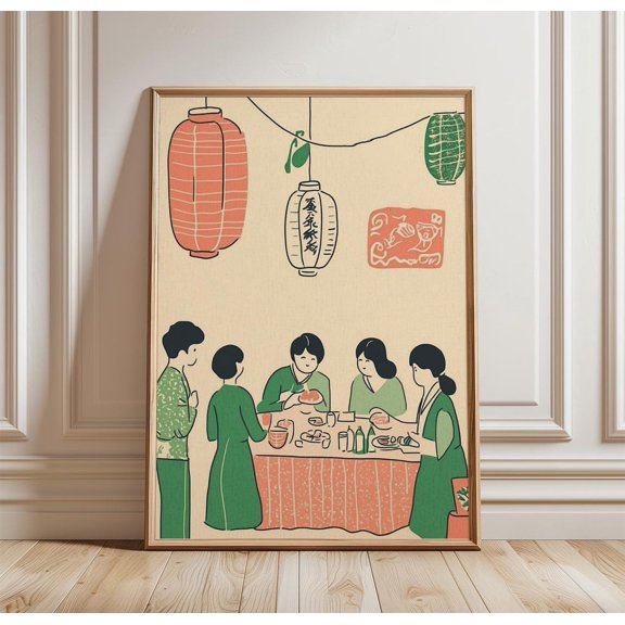 Asian Festival Family Dinner Cultural Celebration Lantern Wall Art, Unframed Canvas