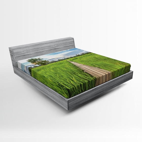Asian Fitted Sheet, Old Wooden Bridge Between Rice Field with Sunlight at Khonburi Thailand, Soft Decorative Fabric Bedding, Full Size, Green Pale Blue Tan, by Ambesonne