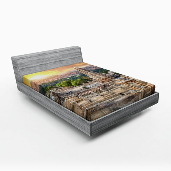 Asian Fitted Sheet, Viruphaksha Building View up from the Hills Sunset Above City Buildings Rock Tower, Soft Decorative Fabric Bedding, Queen Size, Orange Cream, by Ambesonne