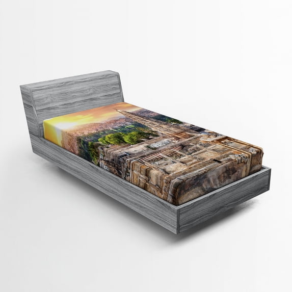 Asian Fitted Sheet, Viruphaksha Building View up from the Hills Sunset Above City Buildings Rock Tower, Soft Decorative Fabric Bedding, Twin Size, Orange Cream, by Ambesonne