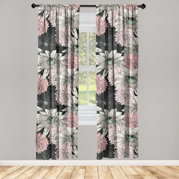 Asian Floral Window Curtains, Traditional Japanese Vibes Floral Sketch Pattern on Darkened Back, Lightweight Decor 2-Panel Set with Rod Pocket, Pair of - 28"x63", Pale Pink Pastel Pink, by Ambesonne