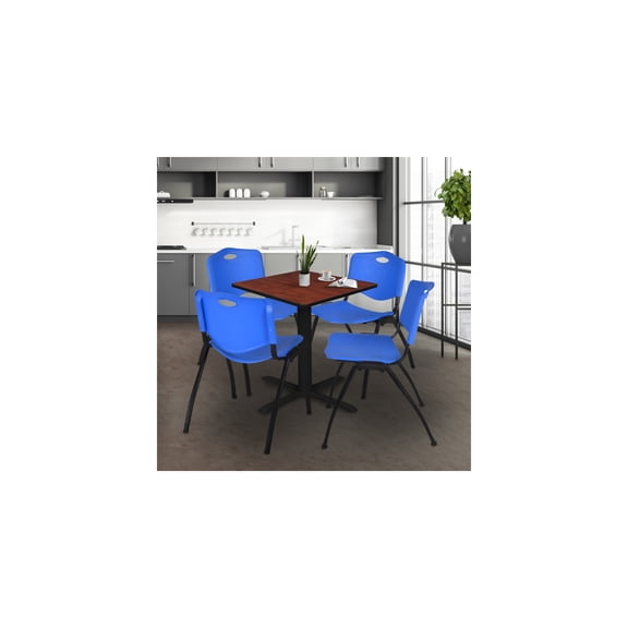 Asian Fusion Square Breakroom Table Cherry Finish with 4 'M' Stackable Blue Chairs for Zen-Inspired Office and Cafeteria Spaces