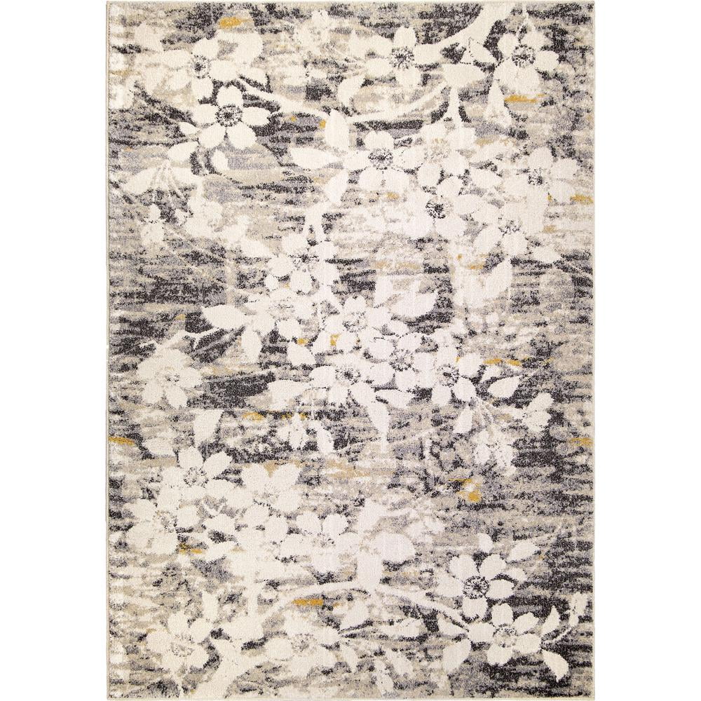 Light Grey Floral Synthetic Area Rug, 5'3" x 7'6"