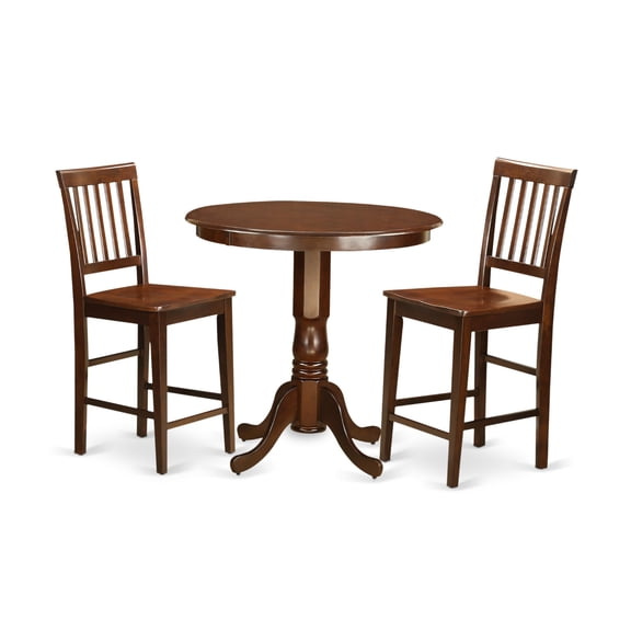 Asian Hardwood Counter Height Dining Set with Circular Pedestal Table and 2 Chairs - Dark Mahogany Finish. Perfect for Entertaining or Small Dining Areas.
