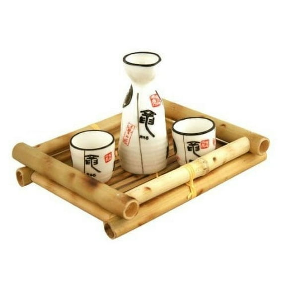 Asian Home Calligraphy Design 3-Piece White Glazed Ceramic Drinkware Set