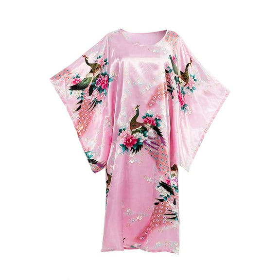Asian Home Flower Peacock Satin Silk Kimono Dress, Nightgown, Dressing Gown (Pink)