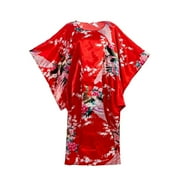 Asian Home Flower Peacock Satin Silk Kimono Dress, Nightgown, Dressing Gown Red
