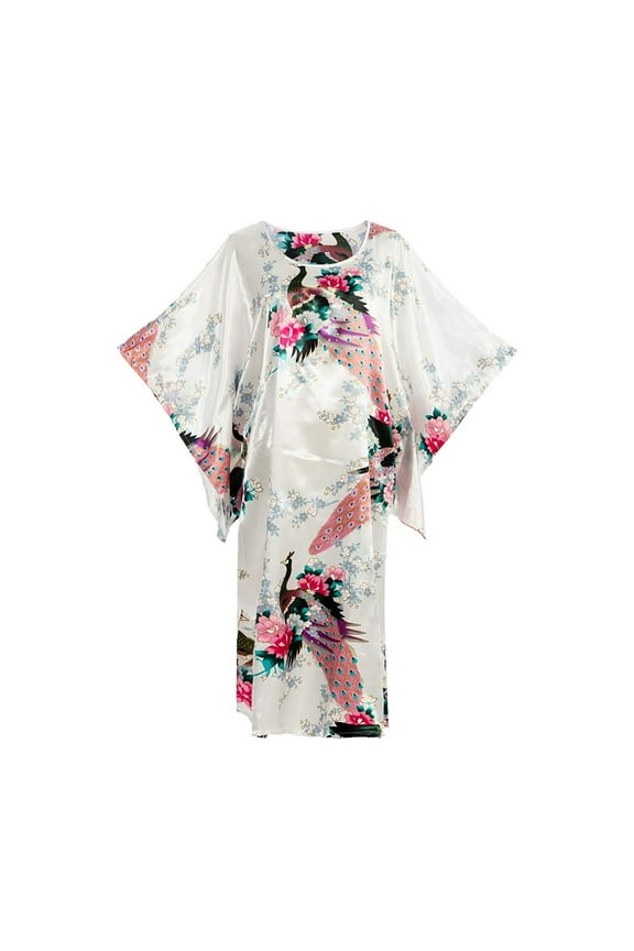 Flower Peacock Satin Silk Kimono Dress, Nightgown, Dressing Gown (White)