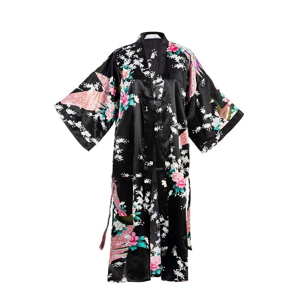 Asian Home Flower Peacock Satin Silk Kimono Robe, Dressing Gown, Bridal, Gift (Black)