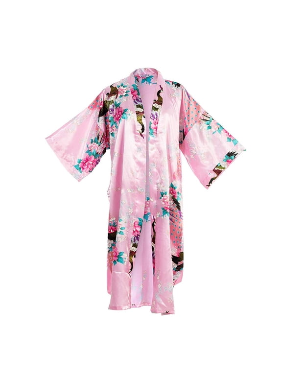 Flower Peacock Satin Silk Kimono Robe, Dressing Gown, Bridal, Gift (Pink)