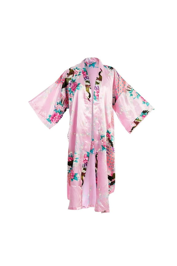 Flower Peacock Satin Silk Kimono Robe, Dressing Gown, Bridal, Gift (Pink)