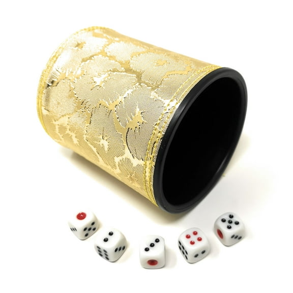 Asian Home Thy Collectibles Dice Cup with 5 Dices, PU Leather Professional Dice Shaker Cup Set for Yahtzee / Craps / Backgammon or Other Dice Games Golden