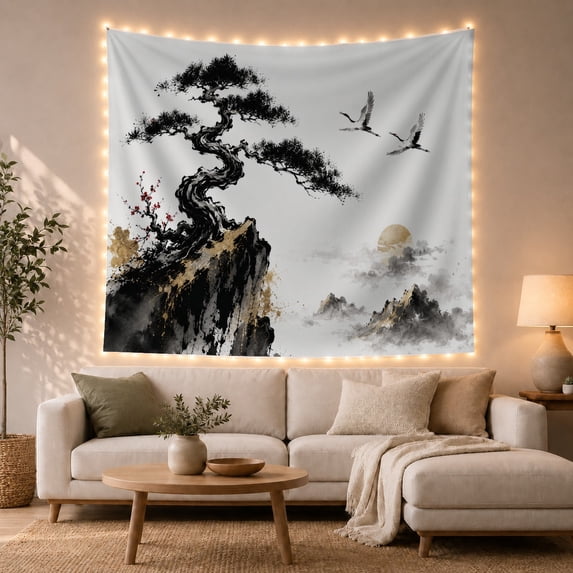 Asian Ink Wash Pine & Cranes in Misty Mountains, Serene Japanese Inspired for Art Enthusiasts, Traditional Ink Painting Decor, Housewarming Gift Tapestry Wall Hanging for Living Room and Bedroom