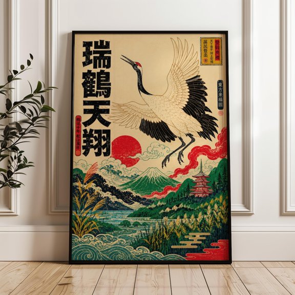 Asian Inspired Crane Over Mount Fuji Woodblock Asian Poster