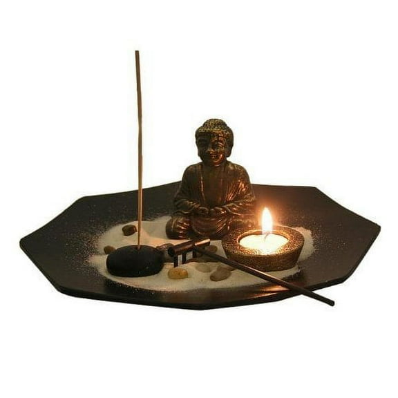 Asian Japanese Feng Shui Sand Zen Garden with Tea Light Candle and Incense Holder