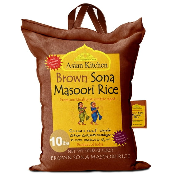 Asian Kitchen Brown Sona Masoori Aged Rice 10-Pound Bag, 10lbs (4.54kg) Short Grain Rice ~ All Natural | Gluten Friendly | Vegan | Indian Origin | Export Quality