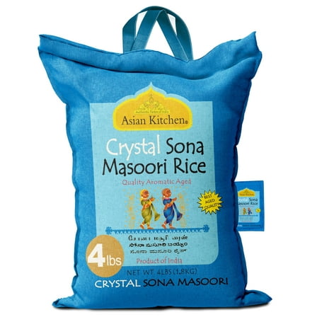 Asian Kitchen Crystal Sona Masoori Aged Rice 4-Pound Bag, 4lbs (1.81kg) Short Grain Rice ~ All Natural | Gluten Friendly | Vegan | Indian Origin | Export Quality