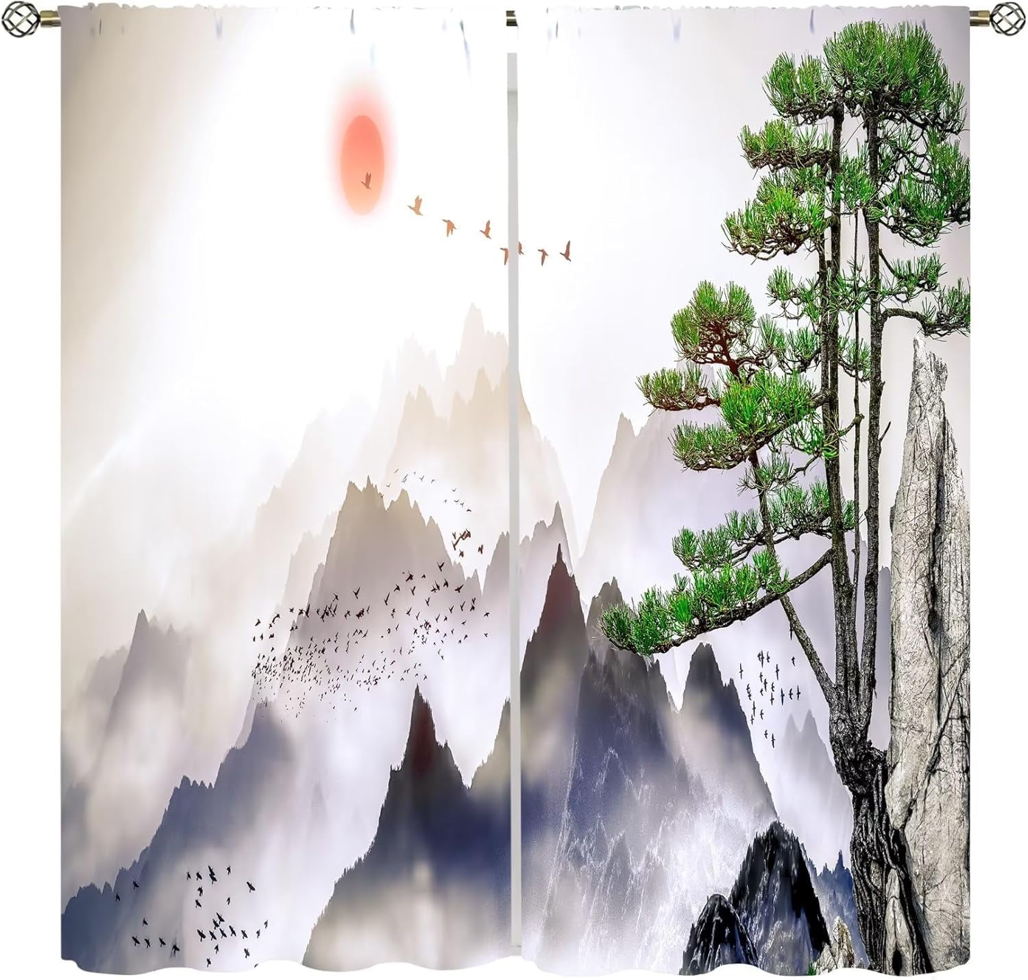 Asian Kitchen Curtains Traditional Chinese Ink Landscape Painting Green Branches and Animal Birds for Living Room Bedroom Blackout Privacy Noise Reduction Curtains 42x63 Inches 2 Panels