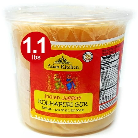 Asian Kitchen Kolhapuri Gur (Jaggery) 17.5oz (1.1lbs) 500g PET Jar ~ Unrefined Cane Sugar, No Color added, Gluten Friendly | Vegan | NON-GMO | No Salt or fillers