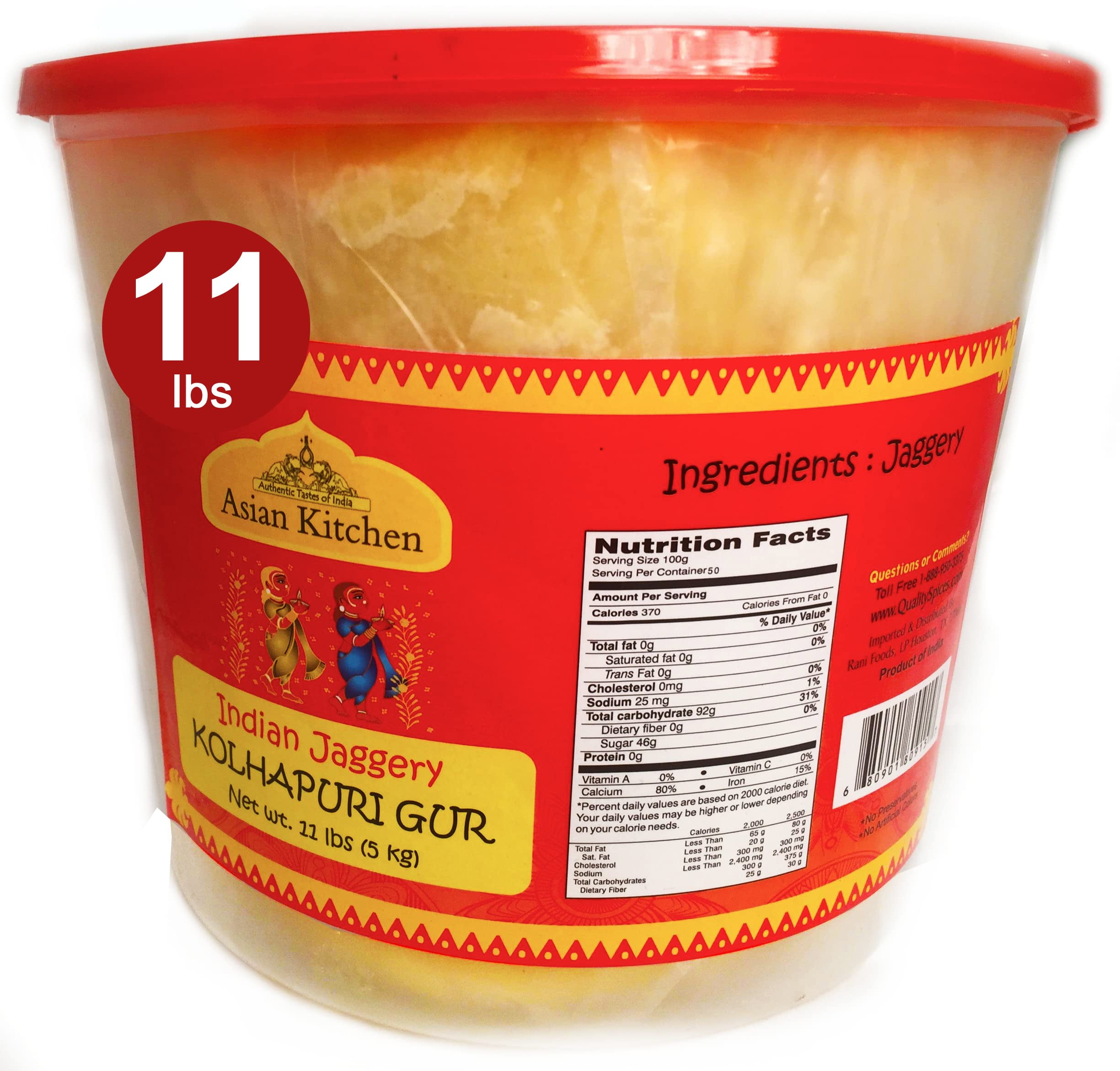 Asian Kitchen Kolhapuri Gur (Jaggery) 175oz (11lbs) 5kg PET Jar ~ Unrefined Cane Sugar, No Color added, Gluten Friendly | Vegan | NON-GMO | No Salt or fillers