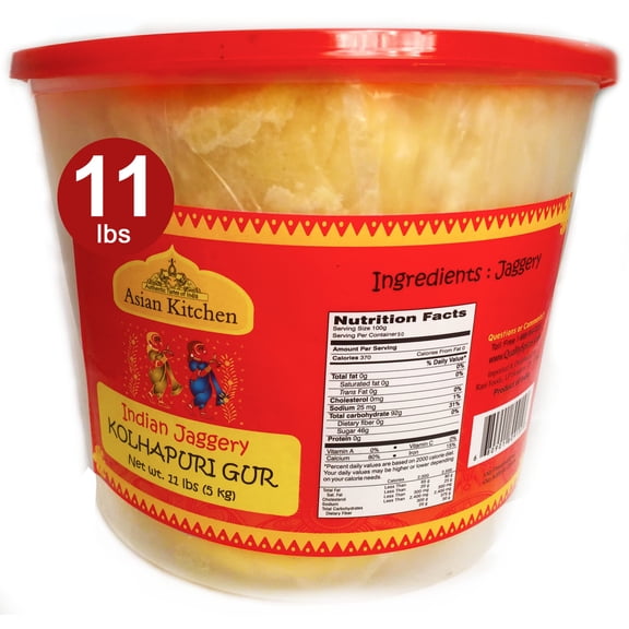 Asian Kitchen Kolhapuri Gur (Jaggery) 175oz (11lbs) 5kg PET Jar ~ Unrefined Cane Sugar, No Color added, Gluten Friendly | Vegan | NON-GMO | No Salt or fillers