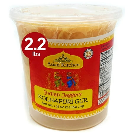 Asian Kitchen Kolhapuri Gur (Jaggery) 35oz (2.2lbs) 1kg PET Jar ~ Unrefined Cane Sugar, No Color added, Gluten Friendly | Vegan | NON-GMO | No Salt or fillers
