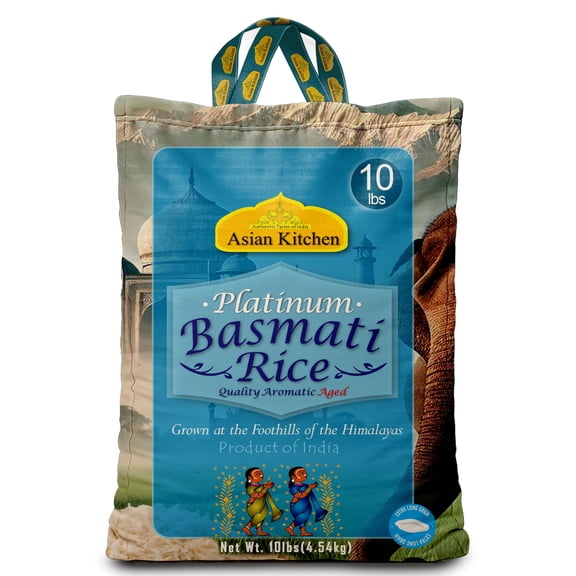 Asian Kitchen Platinum White Basmati Rice Extra Long Aged 10lbs (4.54kg) ~ All Natural | Vegan | Gluten Friendly | Indian Origin