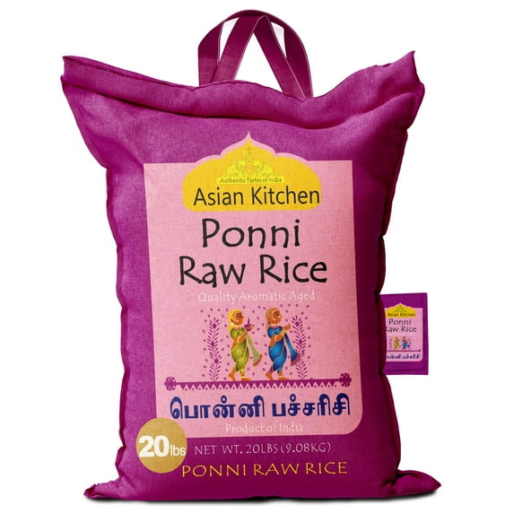 Asian Kitchen Ponni Raw Rice 20-Pound Bag, 20lbs (9.08kg) Short Grain Rice ~ All Natural | Gluten Friendly | Vegan | Indian Origin | Export Quality