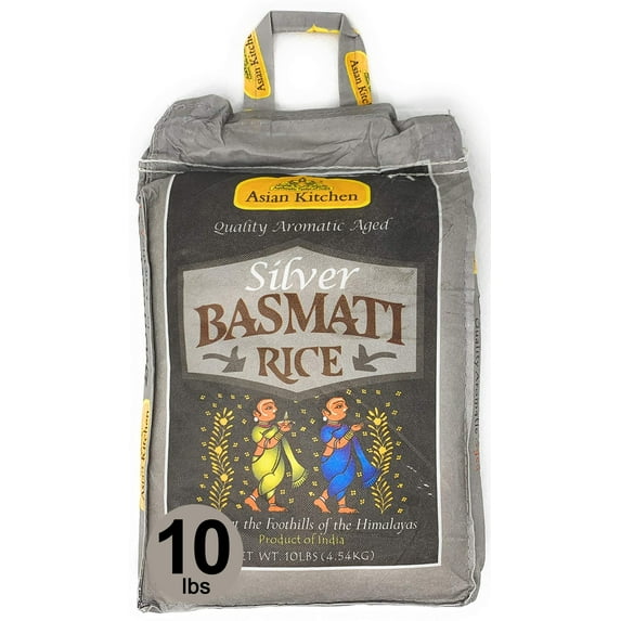 Asian Kitchen Silver White Basmati Rice Aged, 10 Pound (10lbs, 4.54kg) ~ All Natural | Gluten Friendly | Vegan | Indian Origin | Export Quality