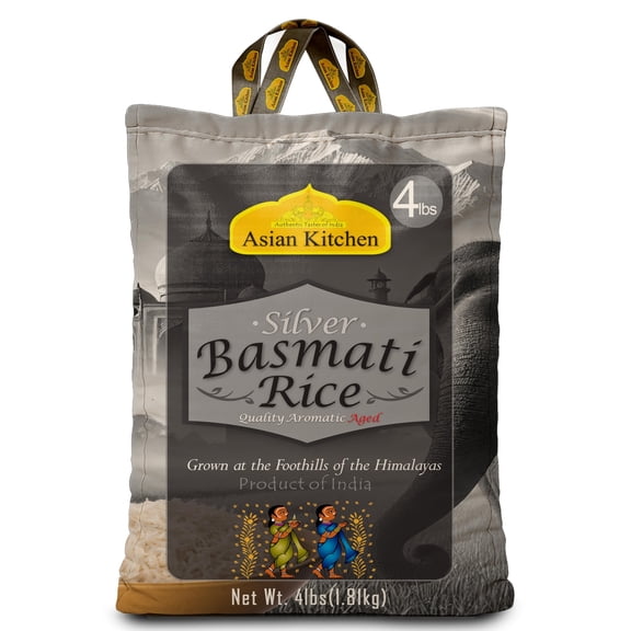 Asian Kitchen Silver White Basmati Rice Aged 4-Pound Bag, 4lbs (1.81kg) ~ All Natural | Vegan | Gluten Friendly | Indian Origin