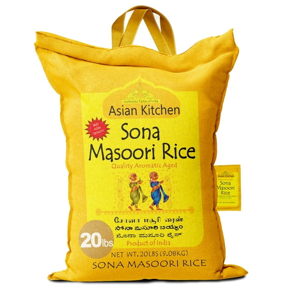 Asian Kitchen White Sona Masoori Aged Rice 20-Pound Bag, 20lbs (9.08kg) Short Grain Rice ~ All Natural | Gluten Friendly | Vegan | Indian Origin | Export Quality