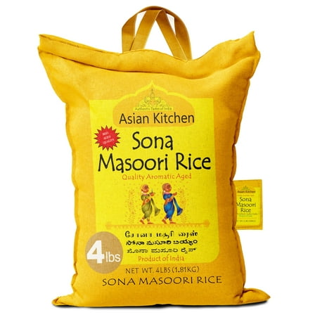 Asian Kitchen White Sona Masoori Aged Rice 4-Pound Bag, 4lbs (1.81kg) Short Grain Rice ~ All Natural | Gluten Friendly | Vegan | Indian Origin | Export Quality