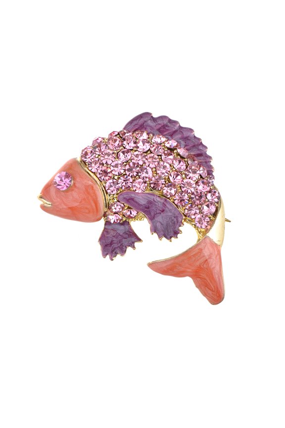 Asian Koi Gold Fish Carp Golden Tone Enamel Rose Pink Crystal Rhinestone Animal Pin Brooch