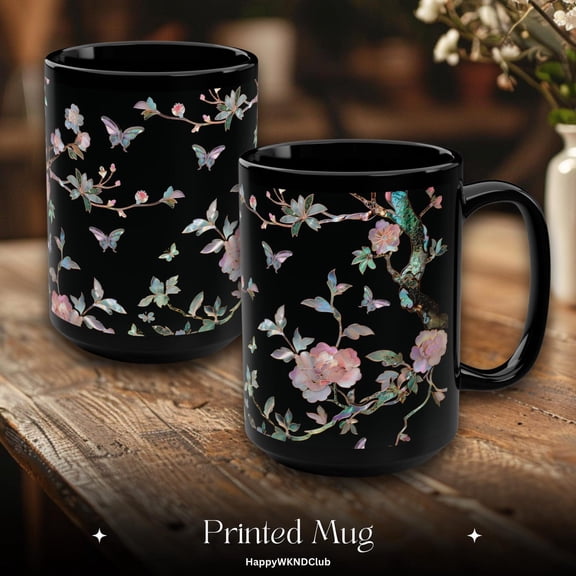 Asian Lacquerware Inspired Mug, Japanese Floral Design, Nature Motif, Traditional East Asian Cup, Oriental Tea Mug