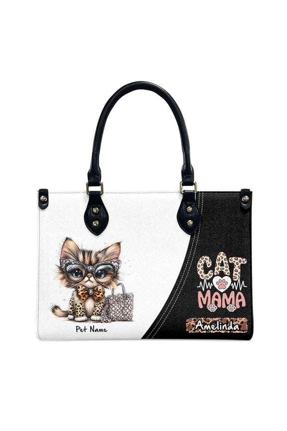 Asian Leopard Cat Bag, Personalized Leather Handbags For Women - Personalized Bag with Name - Tote Bags for Mom Grandma - Custom Gifts Ideas for Her, Gift for Cat Lover, Cat Mom