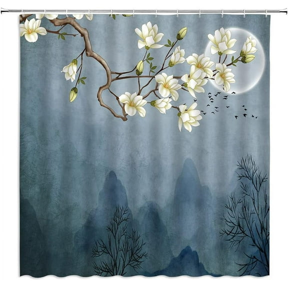 Asian Magnolia Flroal Shower Curtain Flower Bird Branch Spring Japanese Chinese Bloom Floral Traditional Ink Painting Mountain Bath Curtain