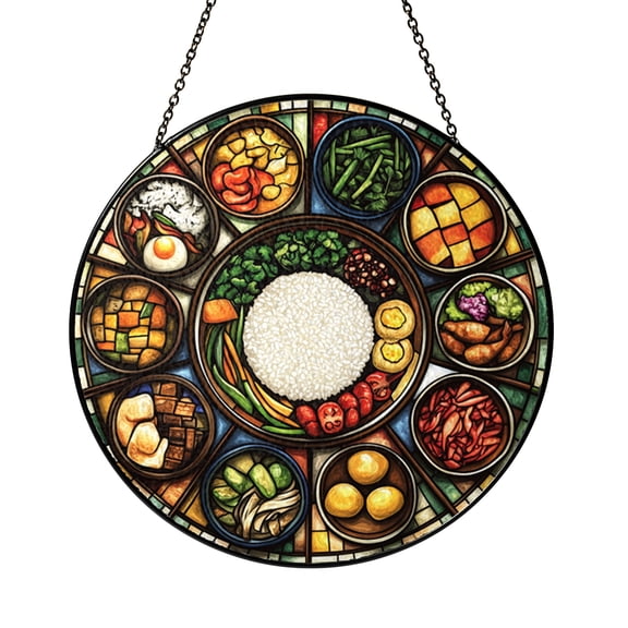 Asian Meal Tray with Rice and Vegetables Stained Glass Style Suncatcher Window Hanging Art Panel, Traditional Food Window Decor for Kitchen Decoration, Cooking Theme Ornament Gift for Food Lovers