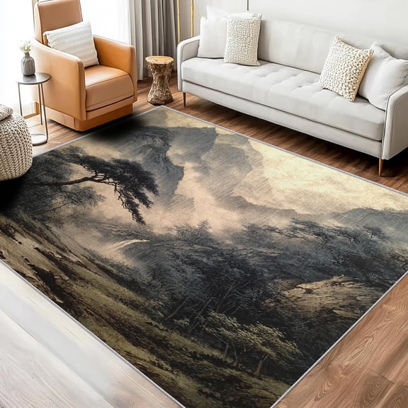 Asian Mountain Landscape Area Rugs, Chinese Style Carpet, Washable Non Slip Low Pile Soft Rug for Bedroom Living Room Decor Mat 5ftx8ft