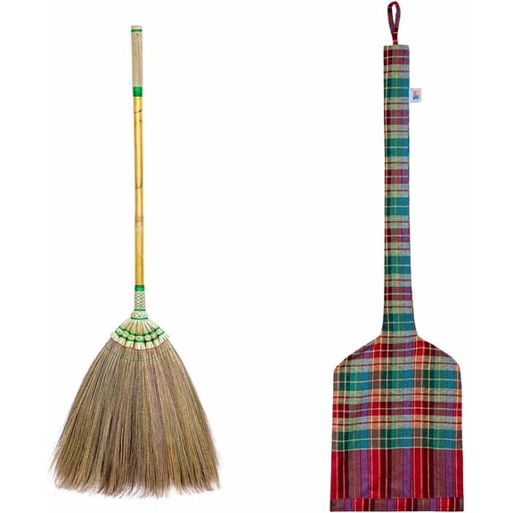 Asian Natural Grass Broom with Bamboo Stick Embroidery Woven Nylon Thread Top of Handle