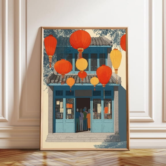 Asian Night Market Teal Shopfront Red Gold Lanterns Art, Unframed Paper Poster 8x10in