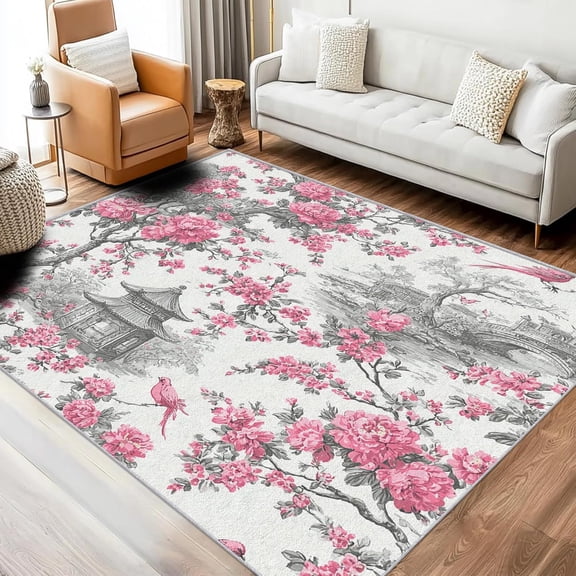 Asian Oriental Area Rugs, Chinese Style Carpet, Washable Non Slip Low Pile Soft Rug for Bedroom Living Room Decor Mat 5ftx8ft