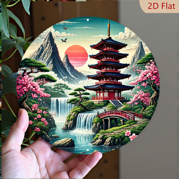 Asian Pagoda Wall Art, Round Aluminum Metal Print 8x8 Inch, Tranquil Landscape with Cherry Blossom and Waterfall, Zen Inspired Hanging Home Decor for Living Room Bedroom Office