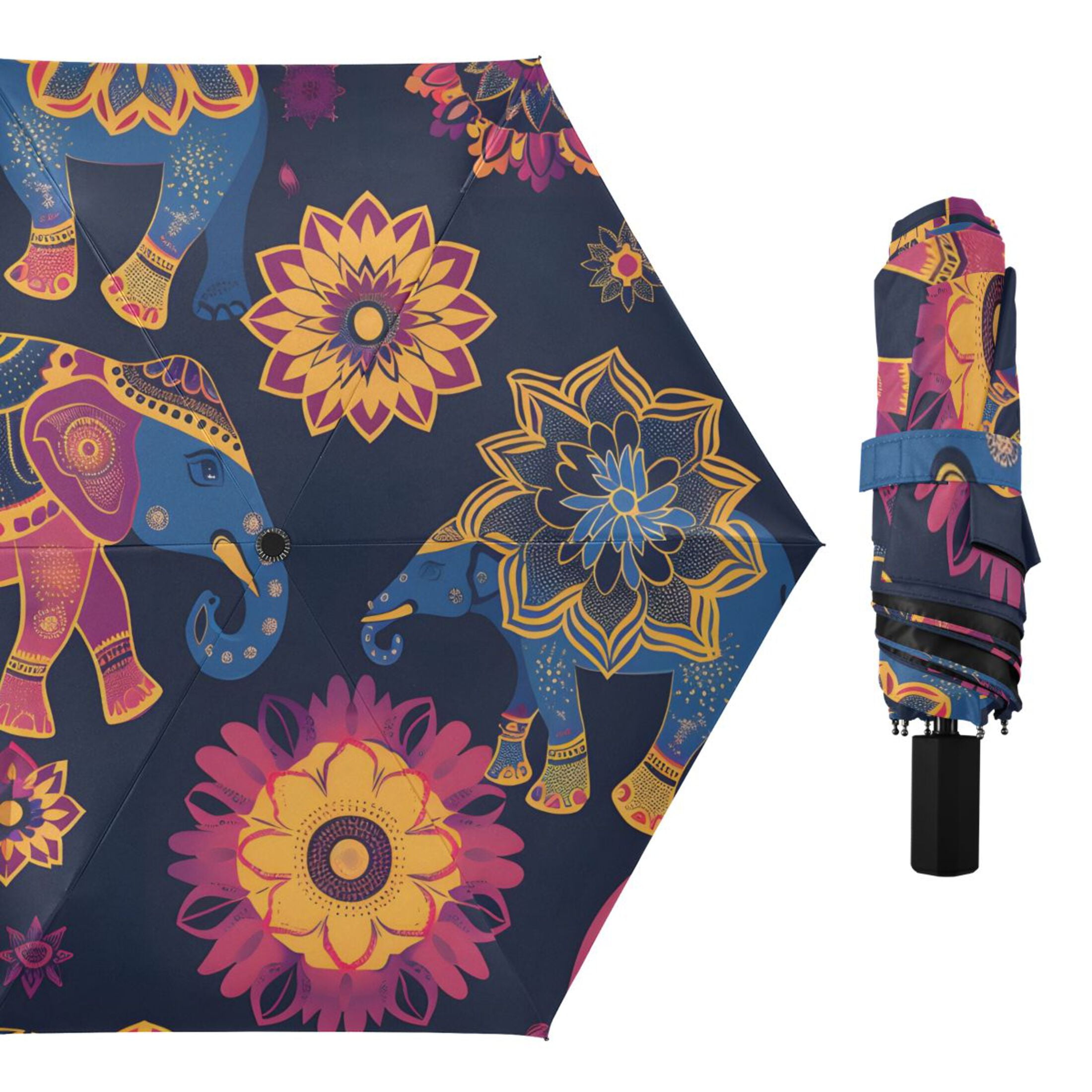 Asian Pattern with Elephants All Weather Umbrella Triple Folding Parasol 6 Ribs UV Protection Portable