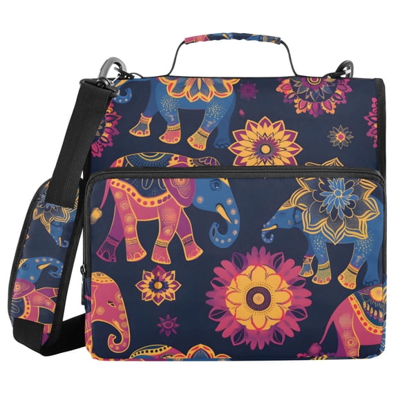Asian Pattern with Elephants Binder Bag with Shoulder Strap 3 Ring Zipper Binder File Folder Document Storage