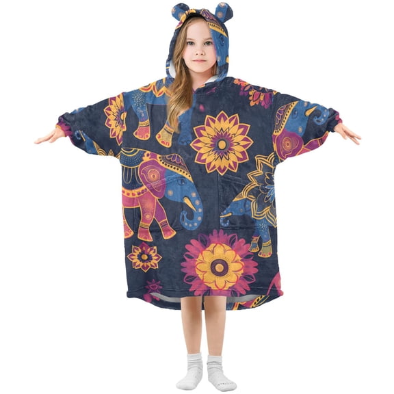 Asian Pattern with Elephants Flannel Wearable Blankets Hooded Design Long Sleeves Wrap Unisex for 3T-14Y S